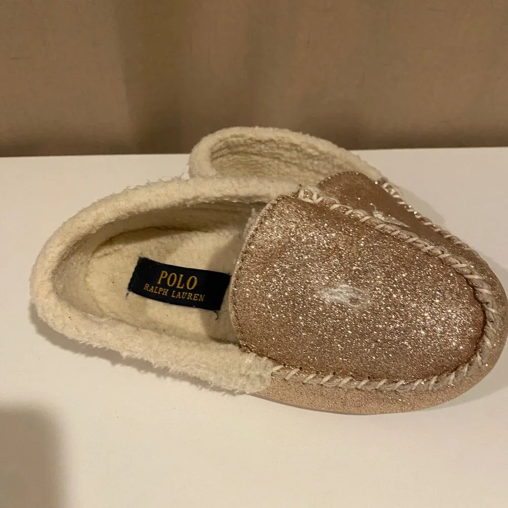 Polo Ralph Lauren Kids Gold Glitter Slippers Pony Logo Size 2 Fuzzy Lined‎